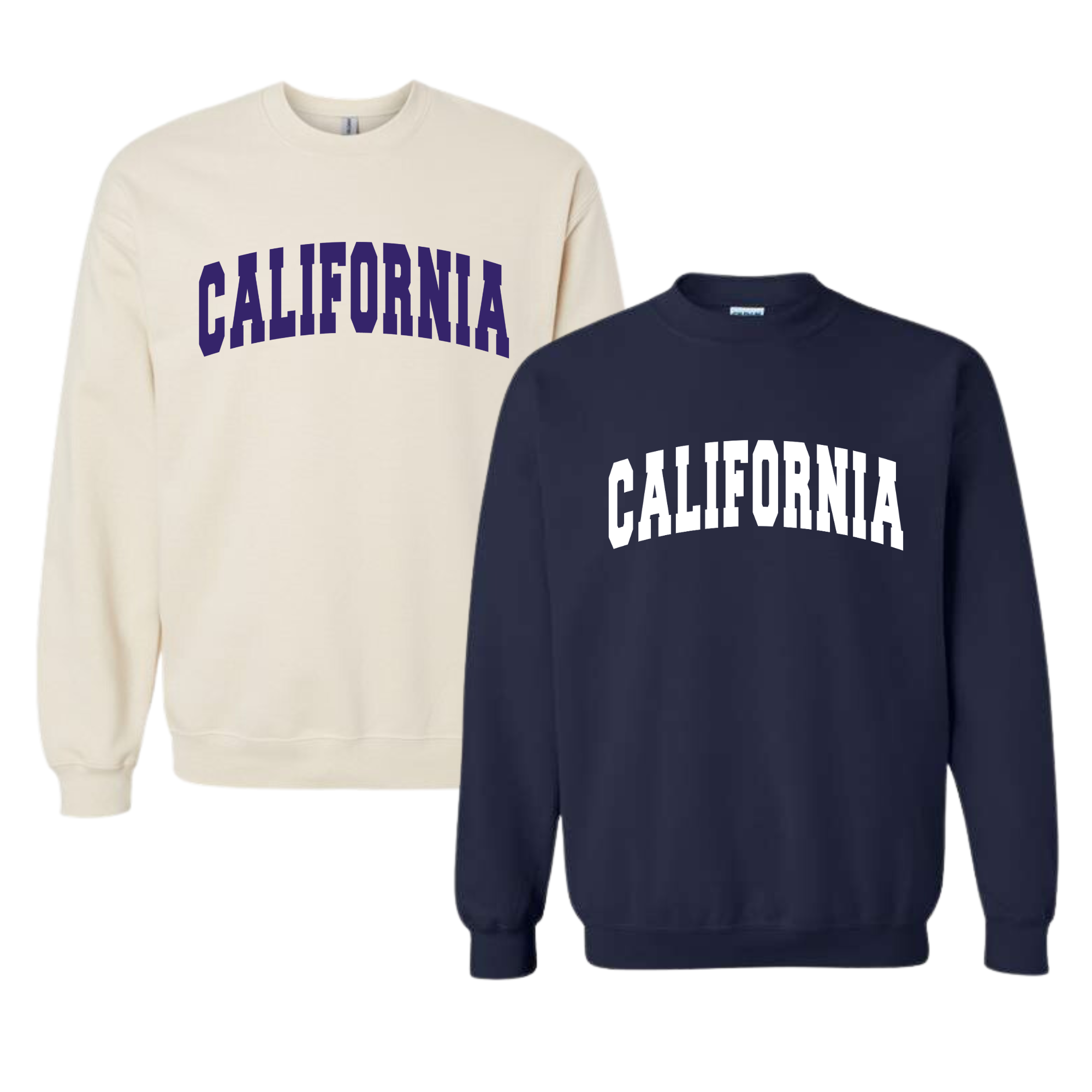 A sand and a navy sweatshirt are customized with a "California" deisgn.