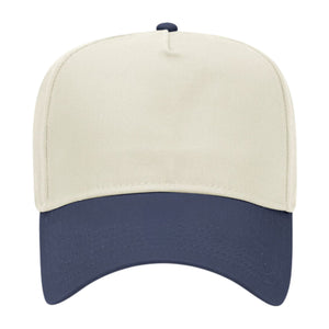 Cream-colored trucker hat with a deep navy brim and top button, delivering a sophisticated and versatile look.