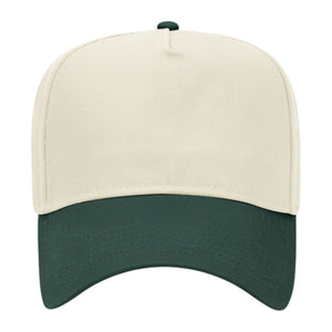 Cream-colored trucker hat with a dark green brim and top button, offering a natural and earthy color combination.