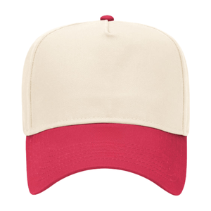 Cream-colored trucker hat with a bold red brim and matching top button, combining a classic design with a pop of color.