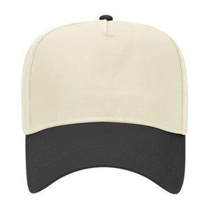 Cream-colored trucker hat with a sleek black brim and top button, perfect for a bold and minimalist style.