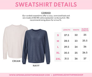 Corded sweatshirt set featuring Cream and Navy colors made from a cozy 60/40 cotton-polyester blend. Offers an oversized look, with sizing details from Small to 2XL, perfect for comfort and casual style.
