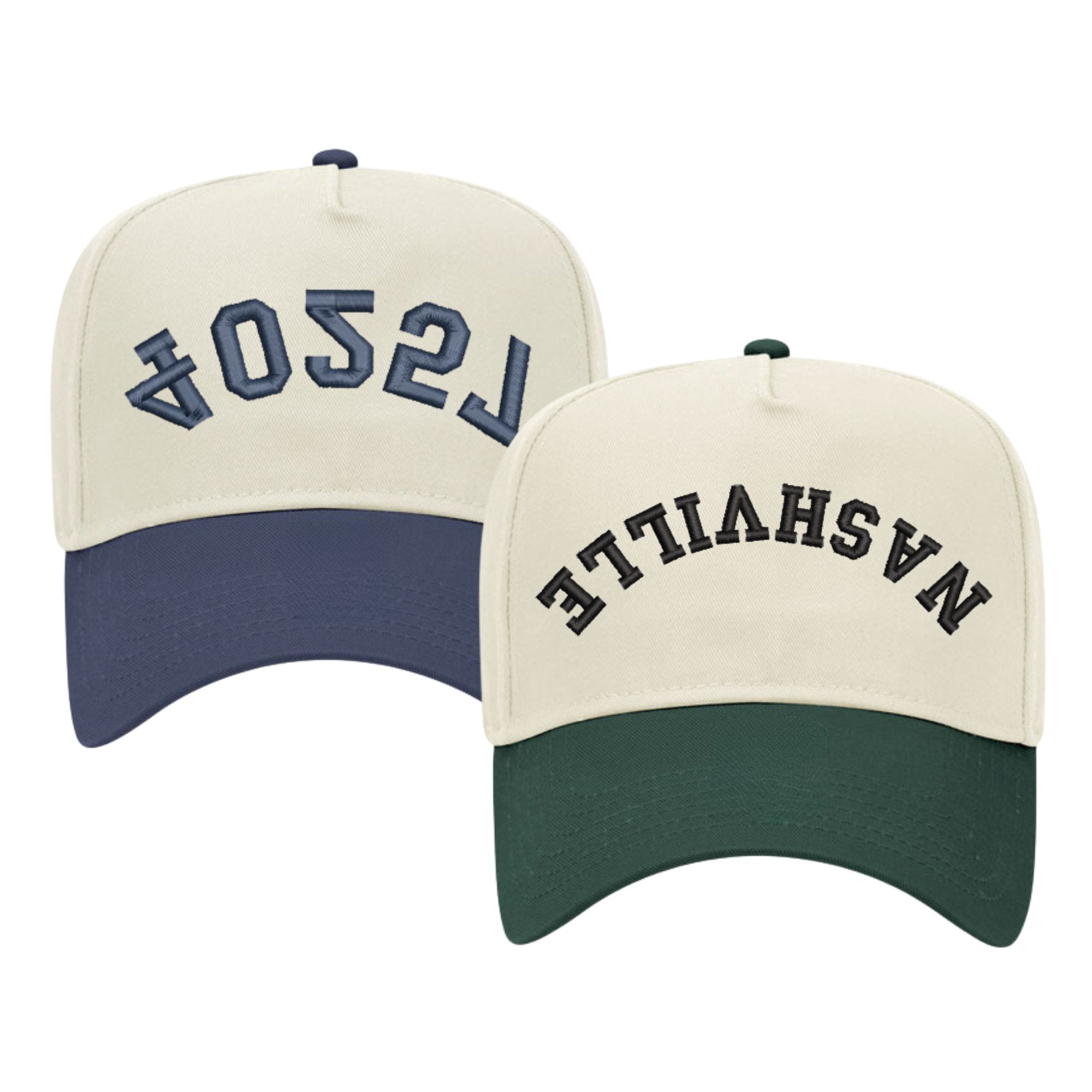 Image of two baseball caps, each featuring a different color scheme and text. The left cap has a cream crown with a navy blue bill and displays the word '75204' in navy thread, embroidered in a stylized font. The right cap has a cream crown with a dark green bill and shows the word 'NASHVILLE' in black thread, also in a stylized font. Both caps have a structured design with adjustable snaps at the back.