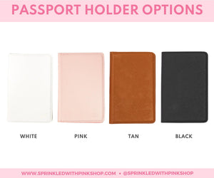 A graphic that shows off the color options of passport holders which can be customized.