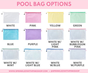 A graphic that shows off the color options of pool bags which can be customized.