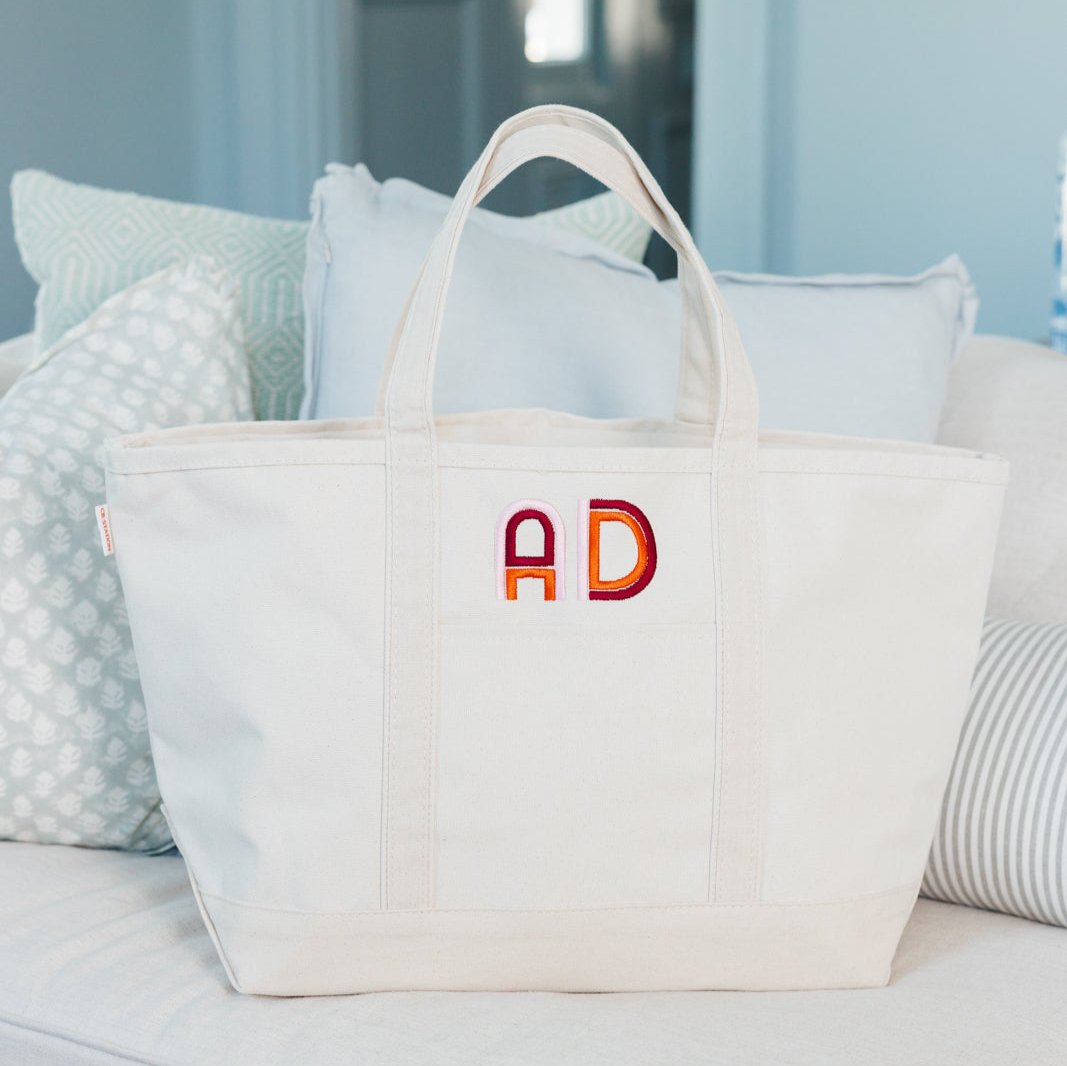 Embroidered Shadow Monogram Boat Tote - Sprinkled With Pink #bachelorette #custom #gifts