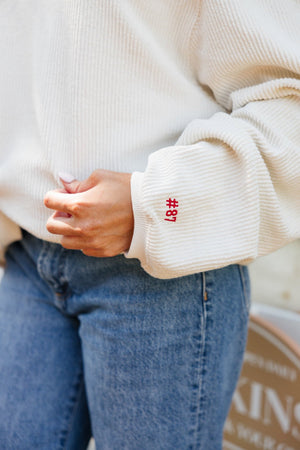 Embroidered Collar/Sleeve Corded Sweatshirt