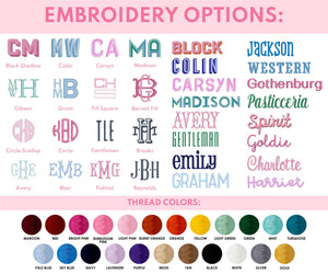 A full outline of the different font styles and thread colors for embroidered guest towels