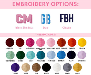 A graphic showing off the monogram and thread color options which can be used to customize an embroidered product.