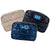 Three custom embroidered puffer pouches displayed against a white background, featuring a beige pouch with pink 'JP' monogram, a black pouch with blue 'HBR' monogram, and a navy pouch with teal 'MD' monogram.