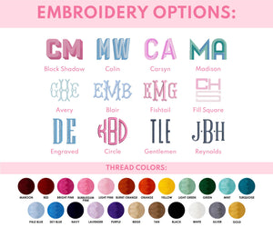 Embroidery options for a custom puffer tote, including font styles and many different thread colors