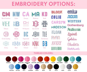 A graphic showing off the monogram and thread color options which can be used to customize an embroidered product.