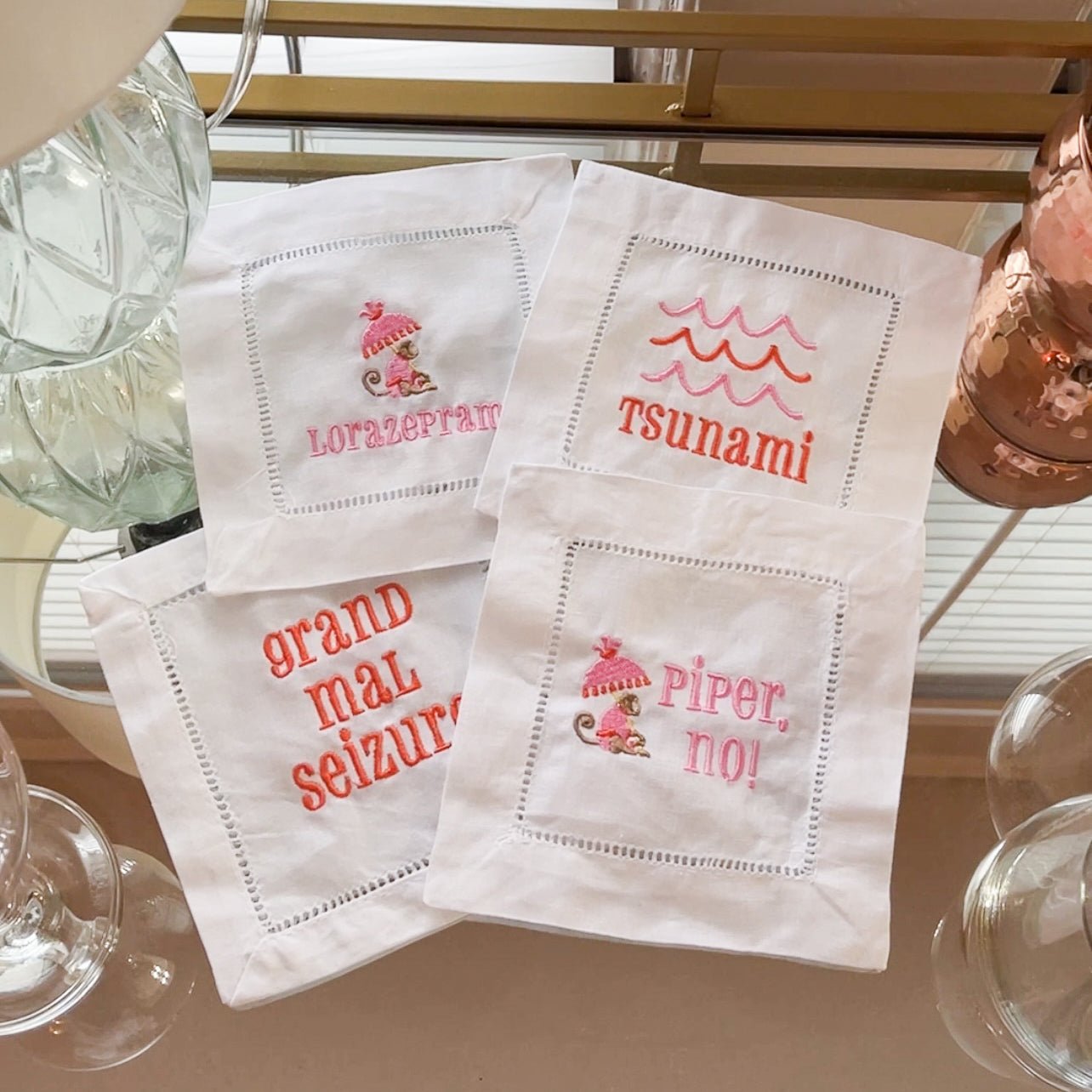 Embroidered White Lotus Cocktail Napkins (Set of 4)