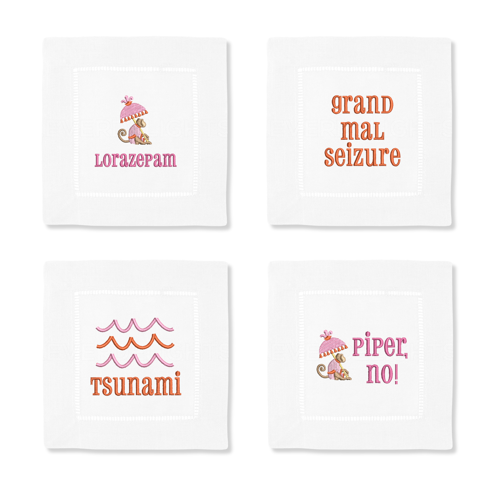 Embroidered White Lotus Cocktail Napkins (Set of 4)