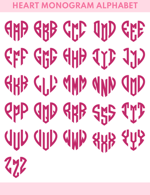 The "Heart Monogram Alphabet" set by Sprinkled With Pink. Each letter combination is designed in a stylish heart shape, creating a unique and personalized aesthetic. The bold, modern font is displayed in vibrant pink, highlighting the monogram designs. Perfect for customizing items such as trays, bags, or accessories, this alphabet set allows customers to incorporate a distinct and heartfelt touch into their gifts or personal belongings.