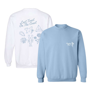 A blue and a white sweatshirt are customized with a Last Toast On The Coast design