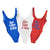 Red, white and blue swimsuits are customized with a "Red, White & Tipsy" design in different colors.