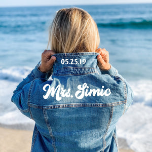 Retro Last Name Denim Jacket - Sprinkled With Pink #bachelorette #custom #gifts