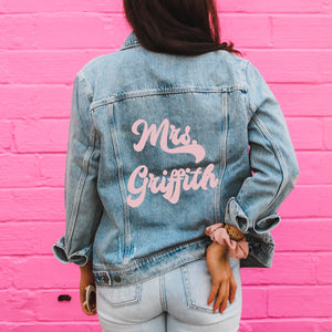 Retro Last Name Denim Jacket - Sprinkled With Pink #bachelorette #custom #gifts