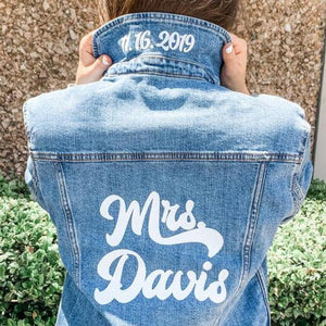 Retro Last Name Denim Jacket - Sprinkled With Pink #bachelorette #custom #gifts