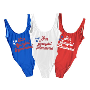 Red, white, and blue swimsuits that read "Star Spangled Hammered"