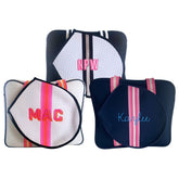 Three striped tennis bags are customized with embroidery