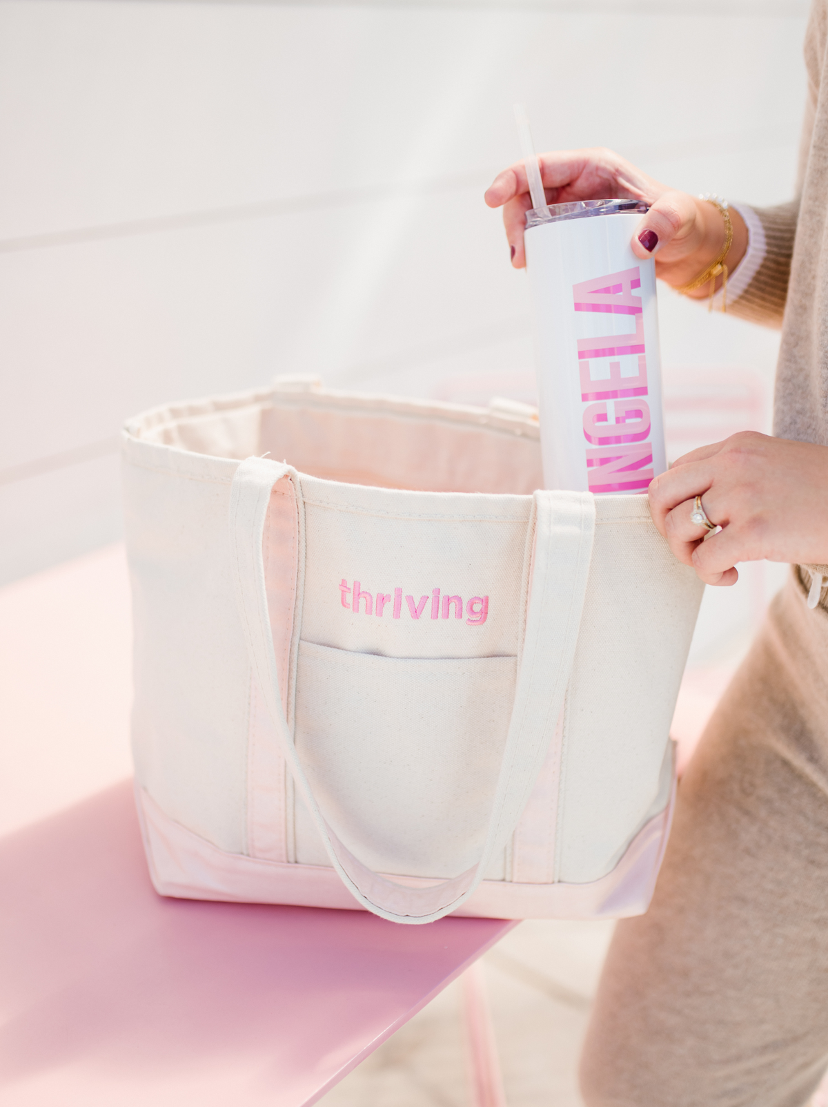 Embroidered Blush Pink Canvas Tote Bag