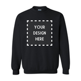 A black sweatshirt is mocked up with a box that says "Your Design Here."