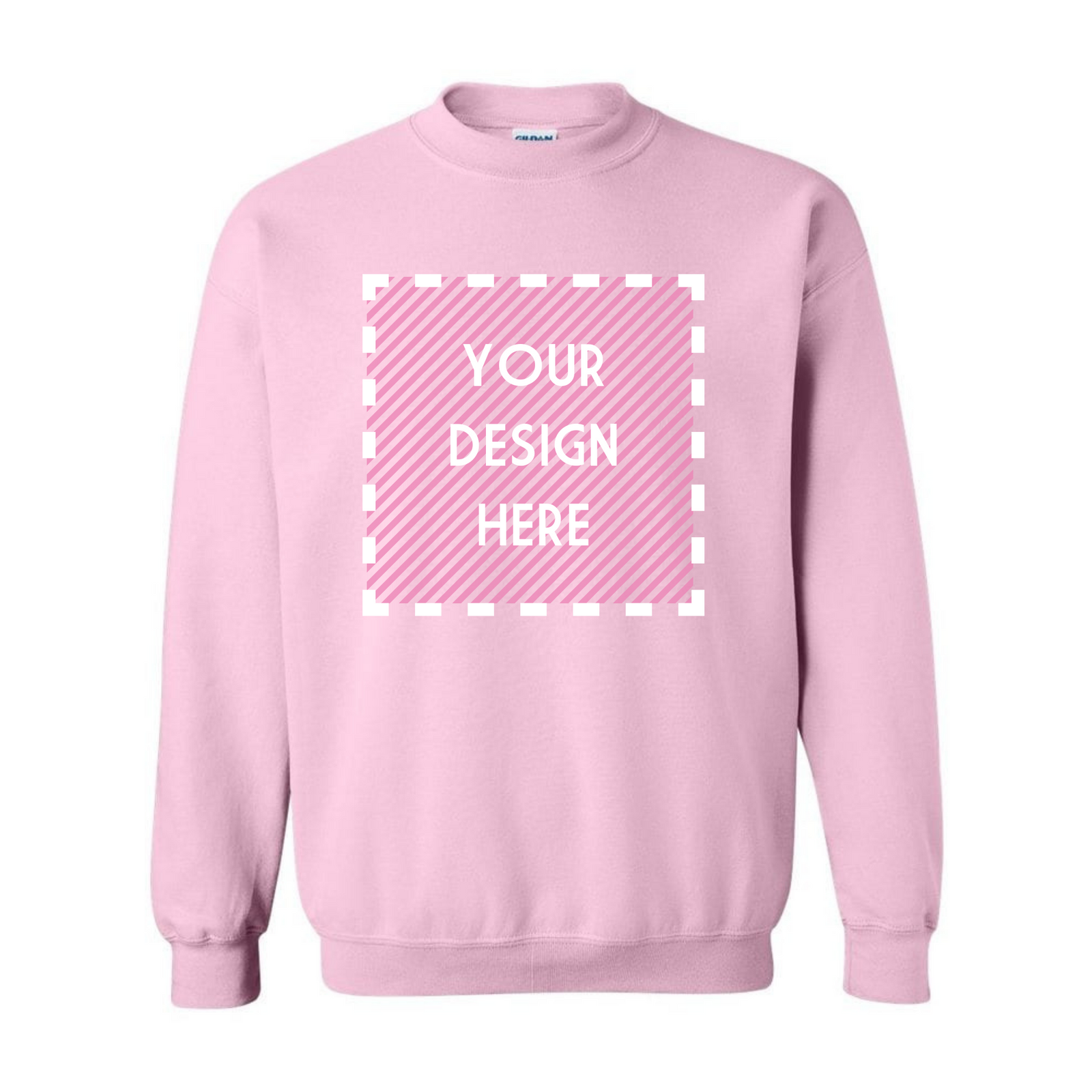 A black sweatshirt is mocked up with a box that says "Your Design Here."