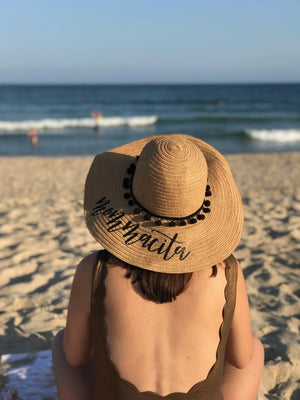 Black Pom Pom Floppy Beach Hat - Sprinkled With Pink #bachelorette #custom #gifts