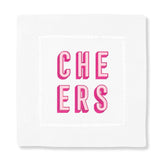 A cocktail napkin with the word "Cheers" embroidered in pink thread.