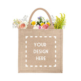 A beige jute tote with an area on the front for customization