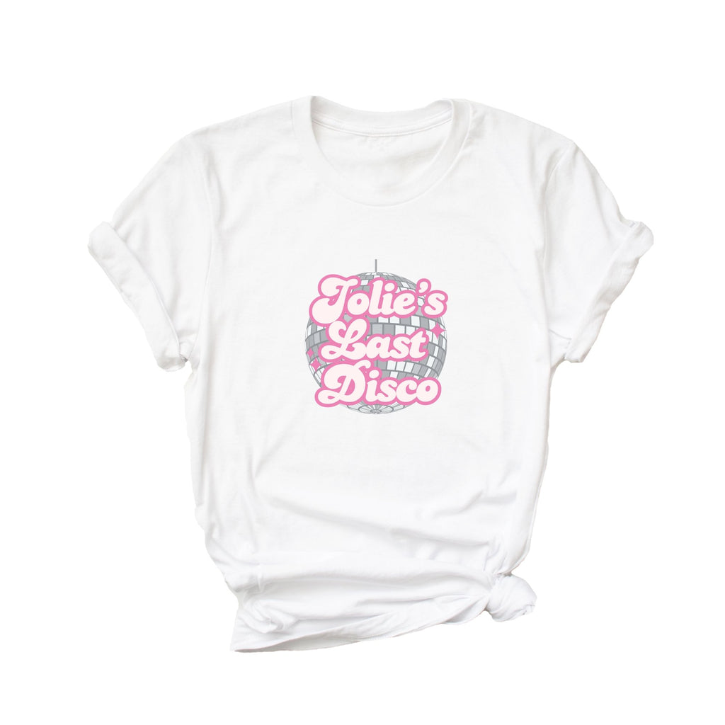 A white t shirt is customized with a disco ball design and 