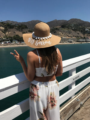 White Pom Pom Floppy Beach Hat - Sprinkled With Pink #bachelorette #custom #gifts