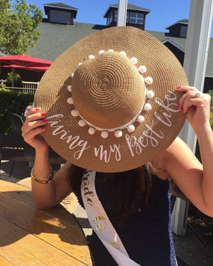 White Pom Pom Floppy Beach Hat - Sprinkled With Pink #bachelorette #custom #gifts