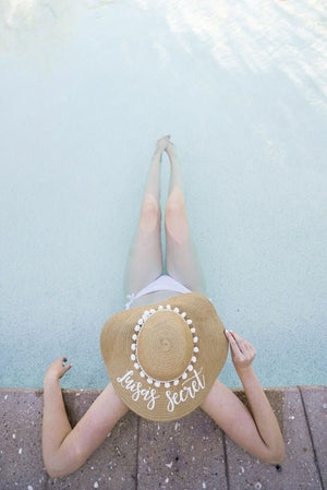 White Pom Pom Floppy Beach Hat - Sprinkled With Pink #bachelorette #custom #gifts