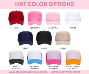 A graphic that shows off the color options of trucker hats which can be customized.