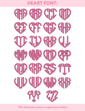 A graphic showing what each letter looks like in a heart monogram.