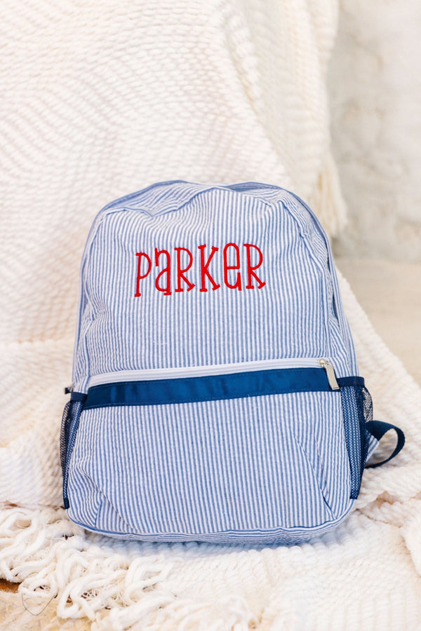 Personalized Toddler Backpack - Small Seersucker, The Initial Design  monograms + embroidery