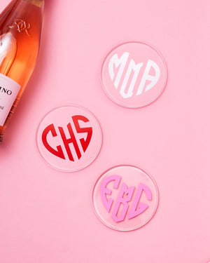 Three coasters show off some of the color options that can be used to customize your monogram