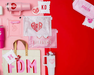 An assortment of pink and red products is laid out for Valentine's inspiration