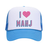 A white and blue trucker hat that reads "I <3 Mahjong"