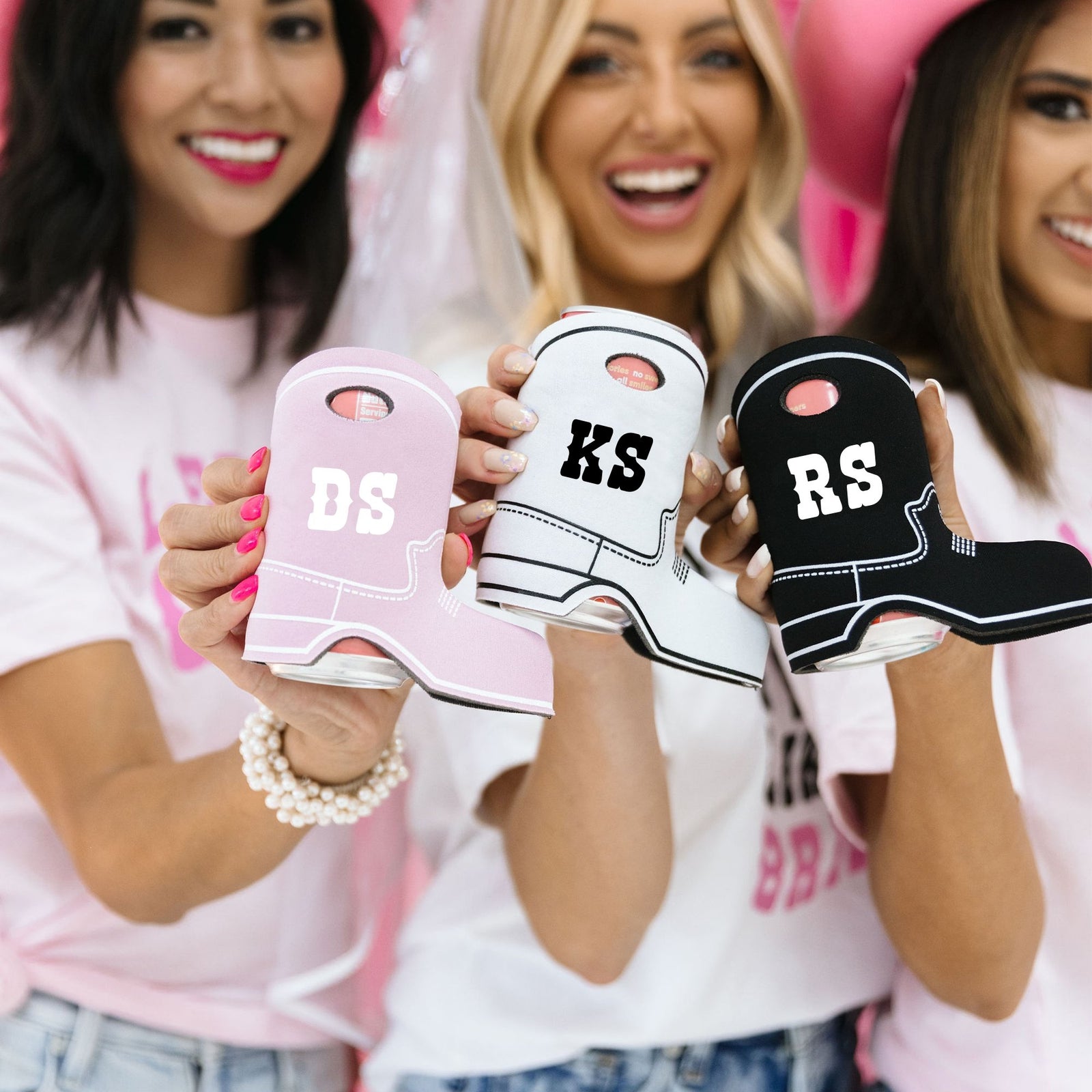 Monogram Boot Can Cooler - Sprinkled With Pink #bachelorette #custom #gifts