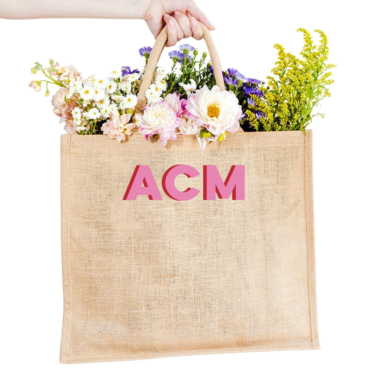 Floral Monogram Burlap Tote Bag