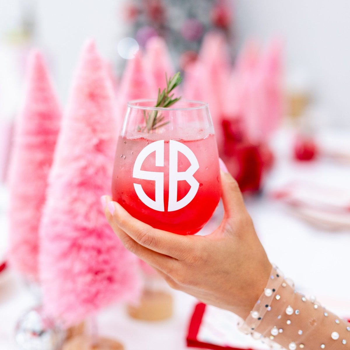 Monogrammed Stemless Wine Glass - Sprinkled With Pink