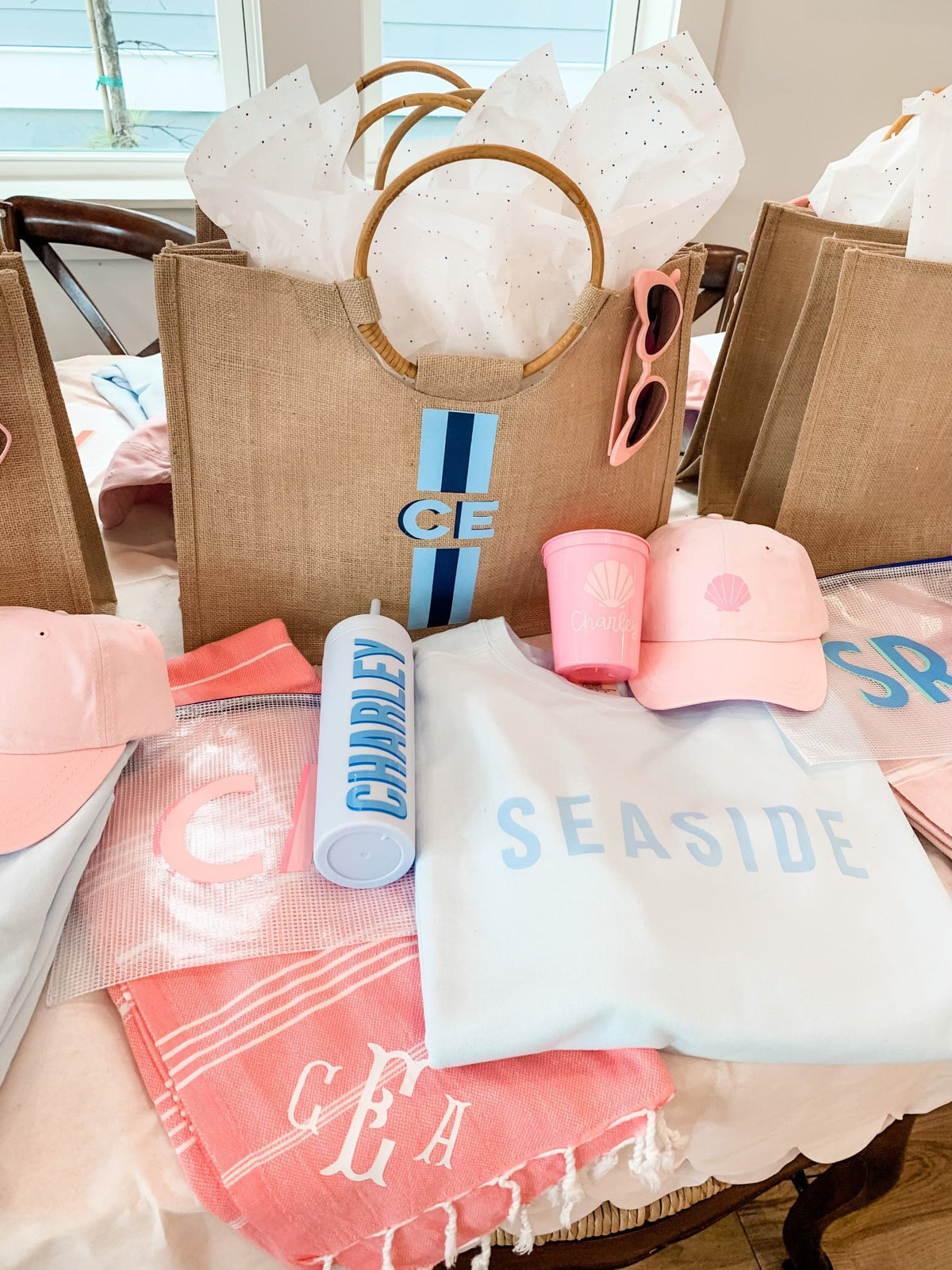 Monogrammed Jute Tote (Shadow) - Sprinkled With Pink